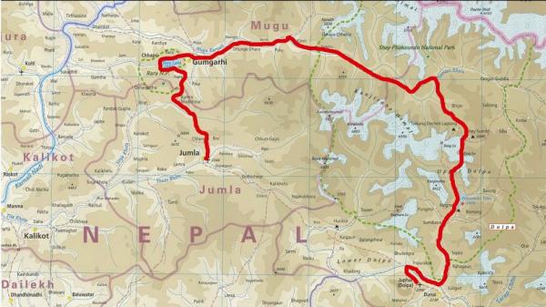 Mapa treku. Z letiště JUMLA přes MUGU, DOLPO až k letišti JUPHAL