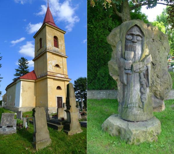 Kostel, hřbitov a dřevěný mnich