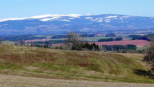 Výhled na Krkonoše včetně Sněžky